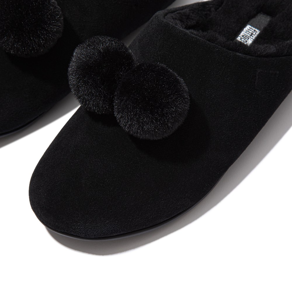 Fitflop Womens Slippers - Chrissie Pom-pom Shearling - Black - 981-RSOBTL